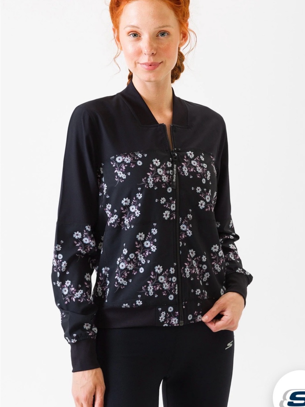 Skechers Black Floral Zip Bomber Jacket